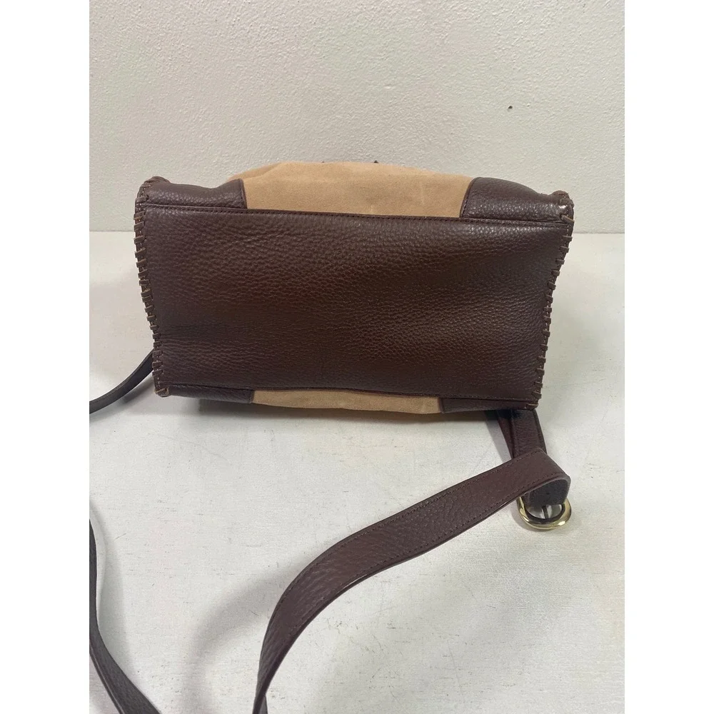 Talbots Tan Suede Brown Leather Whipstitch Tassel Satchel Crossbody Bag Purse